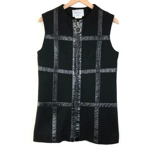 VTG SHAYNE Wool‎ Knit Vest Women's Sz 12 Black Faux Leather Trim Full Zip Mod